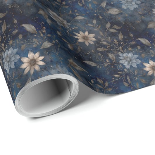 Floral Christmas Midnight Blue and Cream Gift  Geschenkpapier (Rolleneckpunkt)