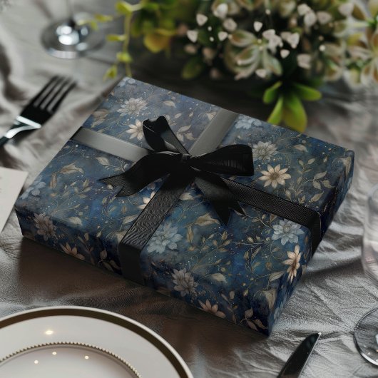 Floral Christmas Midnight Blue and Cream Gift Geschenkpapier Set