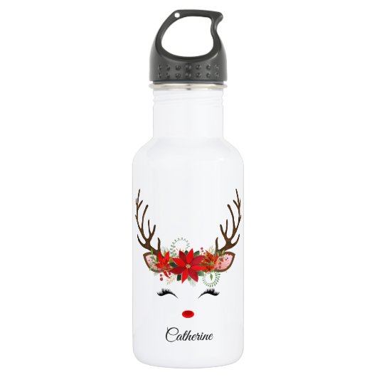 Floral Christmas Reindeer Personalisierter Name Edelstahlflasche (Vorderseite)