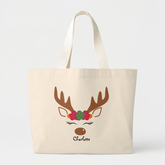 Floral Christmas Reindeer Personalisierter Name Jumbo Stoffbeutel (Vorne)