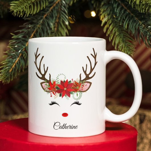Floral Christmas Reindeer Personalisierter Name Jumbo-Tasse