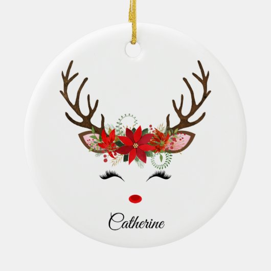 Floral Christmas Reindeer Personalisierter Name Keramik Ornament (Hinten)