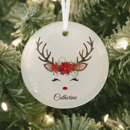 Floral Christmas Reindeer Personalisierter Name Ornament Aus Glas