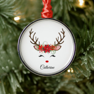 Floral Christmas Reindeer Personalisierter Name Ornament Aus Metall
