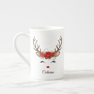 Floral Christmas Reindeer Personalisierter Name Porzellantasse