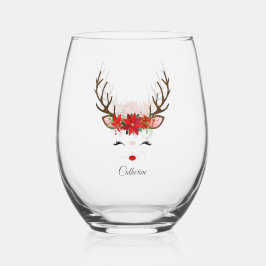 Floral Christmas Reindeer Personalisierter Name Weinglas Ohne Stiel