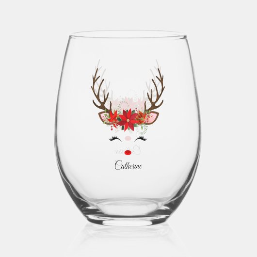 Floral Christmas Reindeer Personalisierter Name Weinglas Ohne Stiel (Vorderseite)