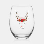 Floral Christmas Reindeer Personalisierter Name Weinglas Ohne Stiel (Rückseite)