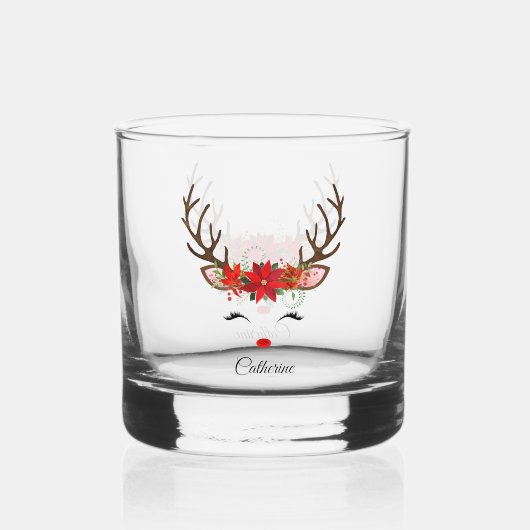 Floral Christmas Reindeer Personalisierter Name Whiskyglas (Vorderseite)