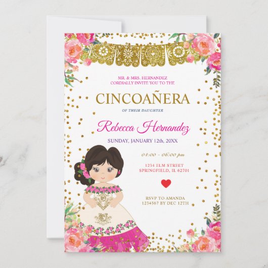Floral CINCOAÑERA Royal Pink Mexiko Einladung (Vorderseite)