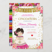 Floral CINCOAÑERA Royal Pink Mexiko Einladung (Vorne/Hinten)