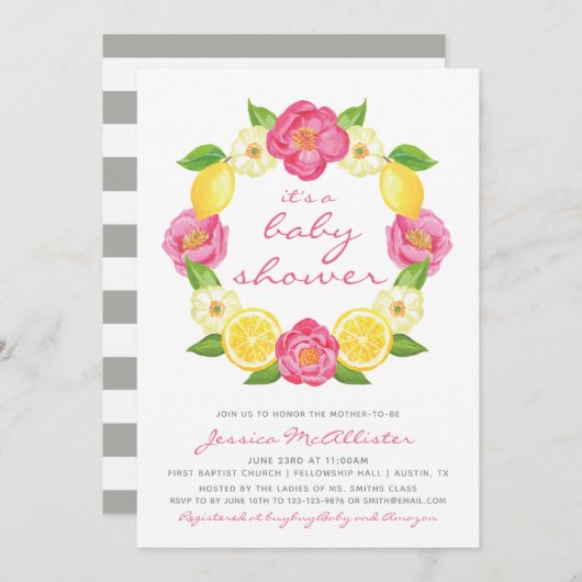 Floral Citrus Yellow Pink Rose Girl Baby Shower Einladung (Vorne/Hinten)