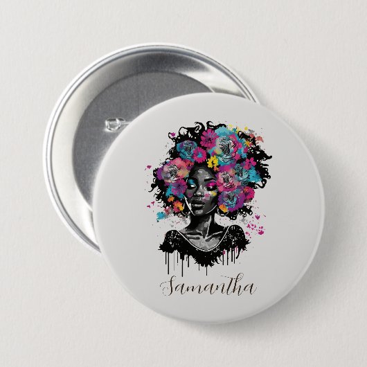 Floral Classy Afro Frau Button (Vorne & Hinten)