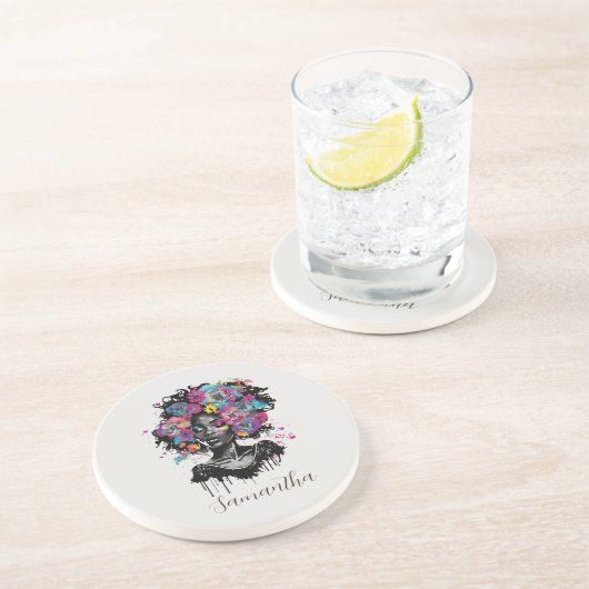 Floral Classy Afro Frau Getränkeuntersetzer (Seite)