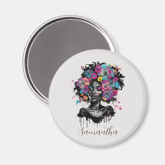 Floral Classy Afro Frau Magnet (Vorderseite/Rückseite)