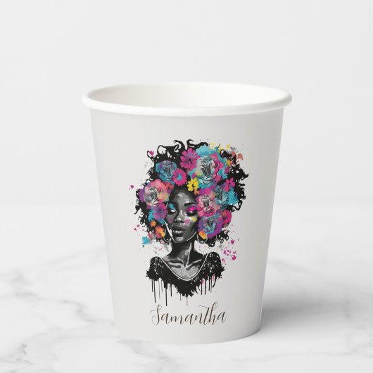 Floral Classy Afro Frau Pappbecher (Rückseite)