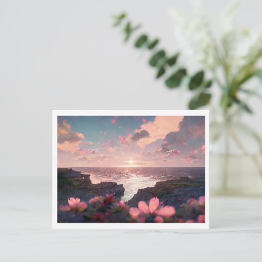 Floral Cliffside Ocean View Postkarte (Stehend Vorderseite)