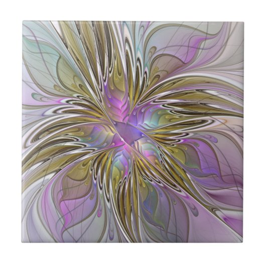 Floral Colorful Abstract Fractal With Pink & Gold Fliese (Vorderseite)