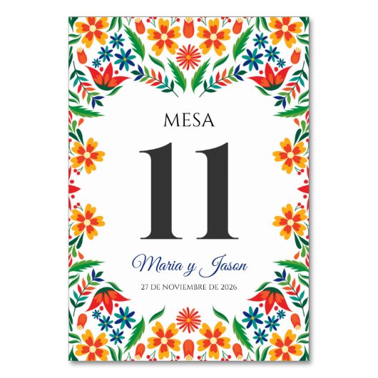 Floral Colorful Botanical Flowers Spanish Wedding Tischnummer (Vorderseite)