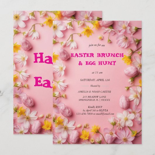Floral Colorful Easter BRUNCH & HUNT Einladung (Vorne/Hinten)