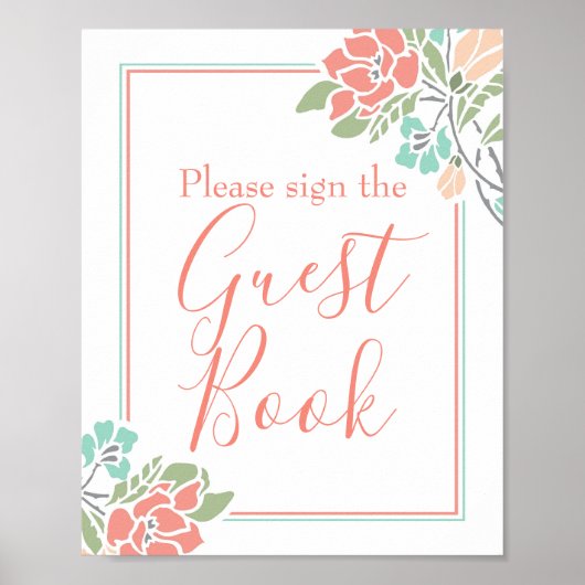 Floral Coral Aquamarin Brautparty Gästebuchsignatu Poster (Vorne)