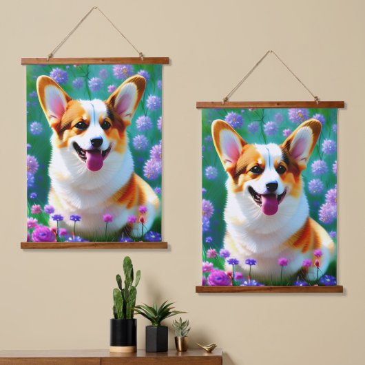 Floral Corgi Wandteppich Mit Holzrahmen (Asymmetrisch)