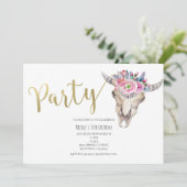 Floral Cow Skull Gold Boho Party Einladung (Stehend Vorderseite)
