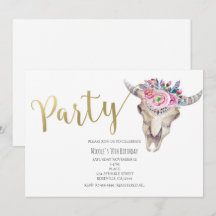 Floral Cow Skull Gold Boho Party Einladung