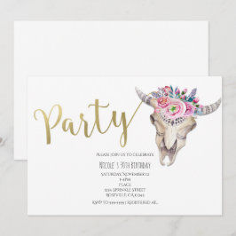 Floral Cow Skull Gold Boho Party Einladung