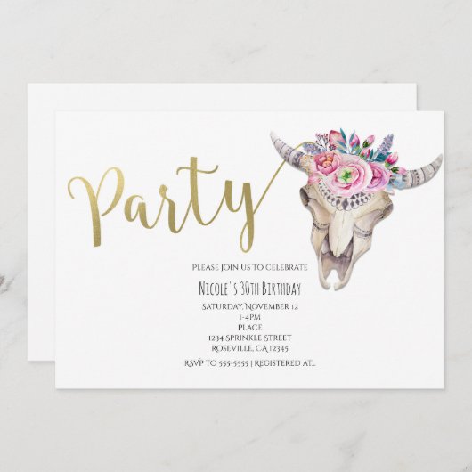 Floral Cow Skull Gold Boho Party Einladung (Vorne/Hinten)