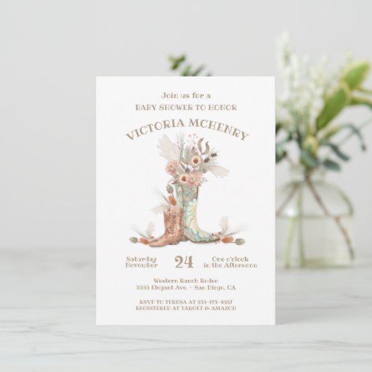 Floral Cowboy Boots Babydusche Einladung (Stehend Vorderseite)