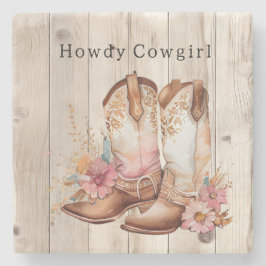 Floral Cowgirl Boots Ivory Faux Wood Personalized  Steinuntersetzer