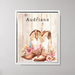Floral Cowgirl Stiefel Elfenbeinkühe Imitate Holz Leinwanddruck