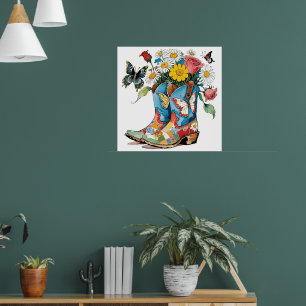 Floral Cowgirl Stiefel mit Daisies & Butterflies Poster