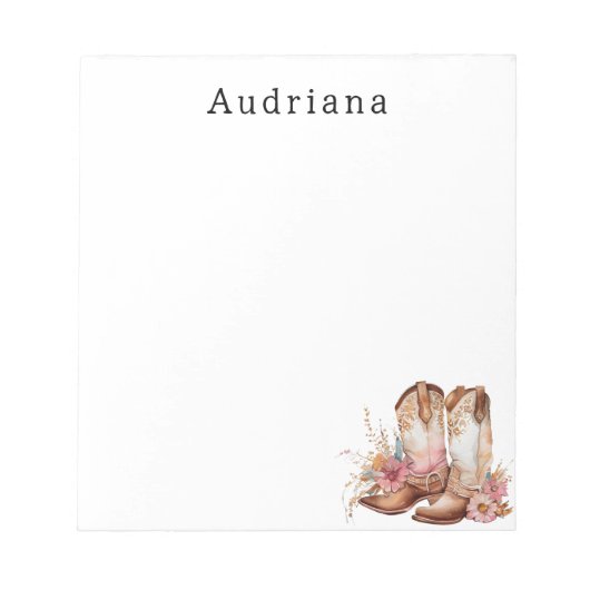Floral Cowgirl Stiefel Personalisierter Name Notizblock (Vorderseite)