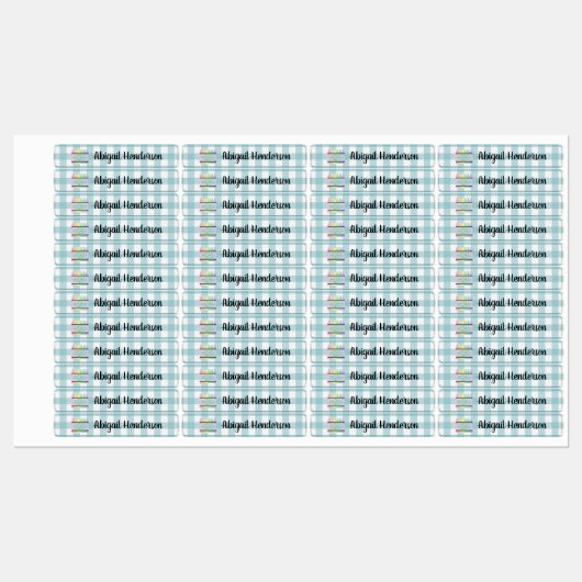 Floral Crayon Aqua Blue Kariert Name Labels Etiketten (Blatt)