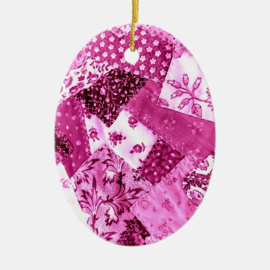 Floral Crazy Quilt Patchwork White Pink Magenta Keramik Ornament (Vorne)