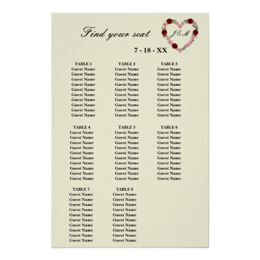  Floral Cream Heart Wedding Seating Plan 8 Tables Poster (Vorderseite)