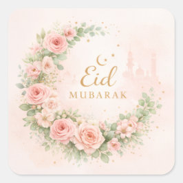 Floral Crescent Eid Mubarak Stickers– Soft Pink & Quadratischer Aufkleber