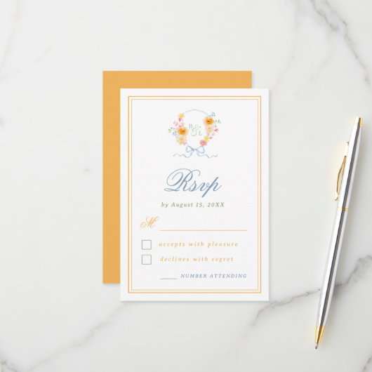 Floral Crest Bow Monogram Spring Wedding RSVP Karte (Vorderseite/Rückseite Beispiel)