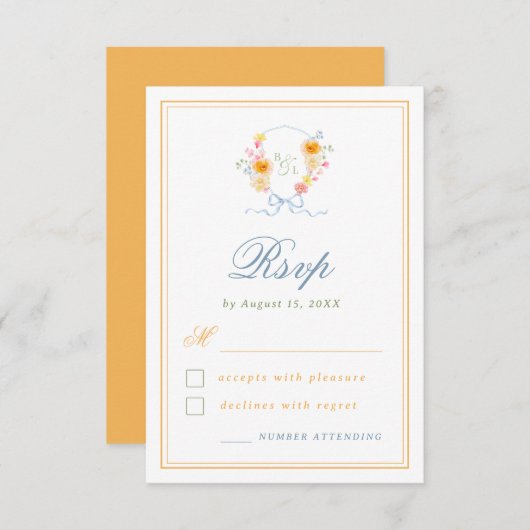 Floral Crest Bow Monogram Spring Wedding RSVP Karte (Vorne/Hinten)