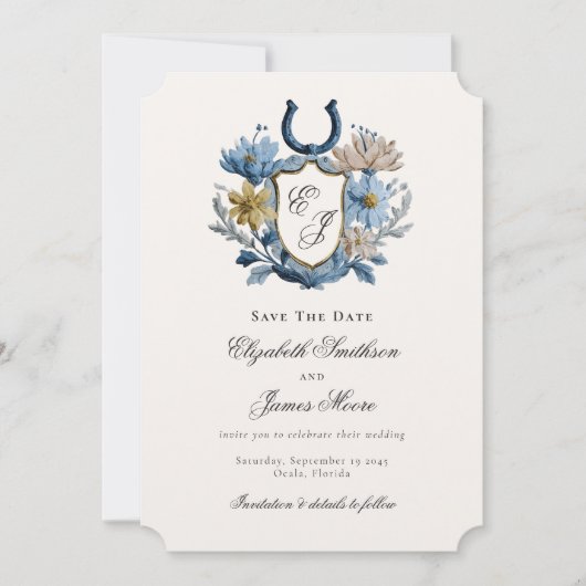 Floral Crest Equestrian Horseshoe Monogram Save The Date (Vorderseite)
