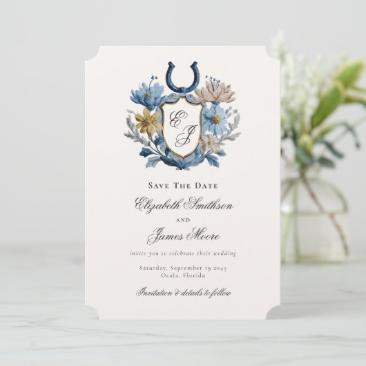Floral Crest Equestrian Horseshoe Monogram Save The Date (Stehend Vorderseite)