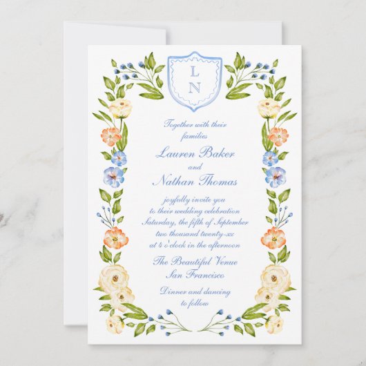Floral Crest Frame Wedding Invitation Einladung (Vorderseite)
