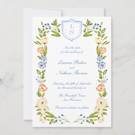 Floral Crest Frame Wedding Save The Date (Vorderseite)
