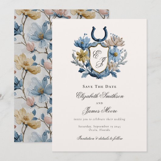 Floral Crest Reitpferd Hufeisen Monogramm Save The Date (Vorne/Hinten)