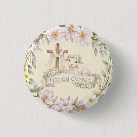 Floral Cross and Lamb | Happy Easter Button (Vorderseite)