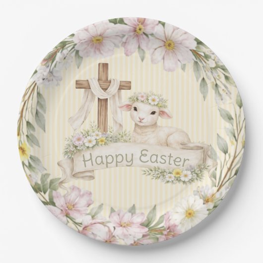 Floral Cross and Lamb | Happy Easter Pappteller (Vorderseite)