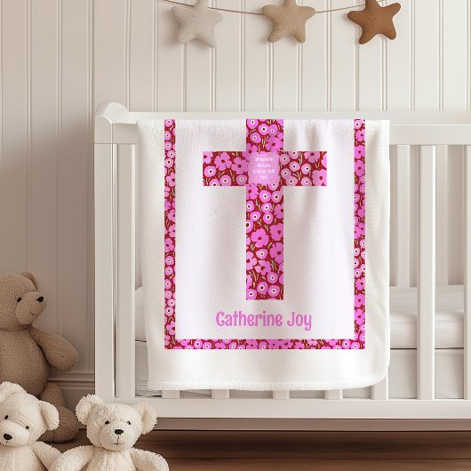 Floral Cross Baptism Baby Blanket Christening Gift Fleecedecke