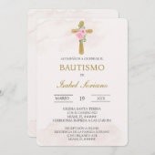 Floral cross beige Spanish baptism Einladung (Vorne/Hinten)